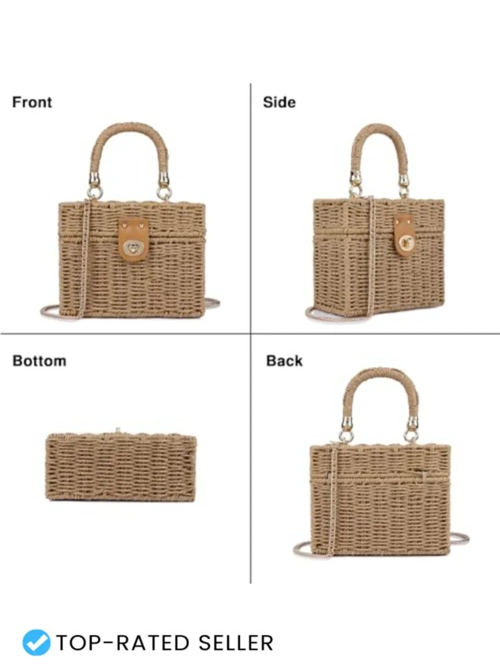 Handwoven Rattan Wicker Crossbody Shoulder Satchel Bag with Chain Strap